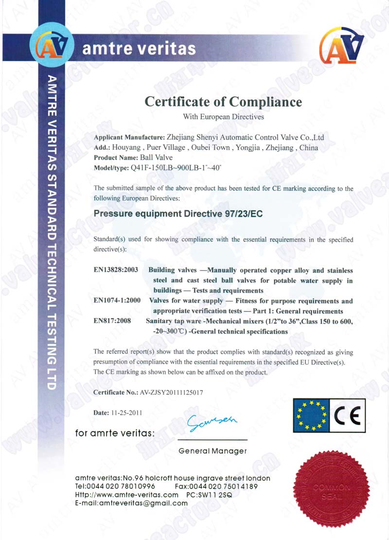 CE Certificate for Ball Valves