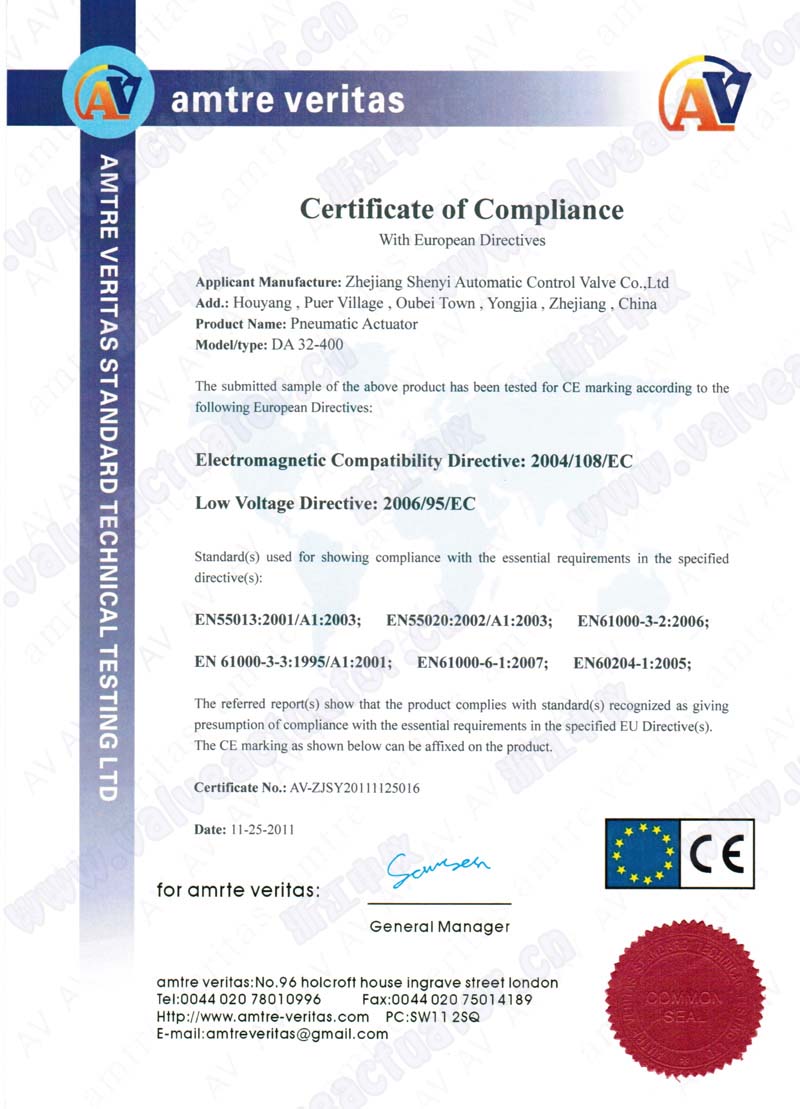 CE Certificate for Pneumatic Actuators